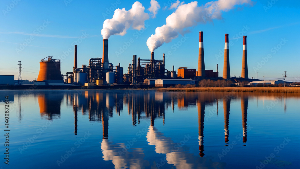 Serene industrial skyline reflected in tranquil waters Serene industrial skyline reflected in tranquil waters