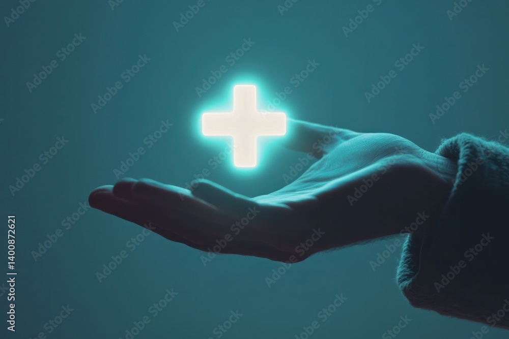 Obraz premium Hand Holding Positive Icon: A single hand gently cradles a luminous, glowing plus sign, a beacon of hope and positivity against a subtly lit background. Reflecting themes of healthcare, support.