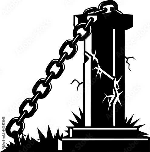 chained ancient tombstone with cracks black and white gravestone illustration, chain detail symbolism