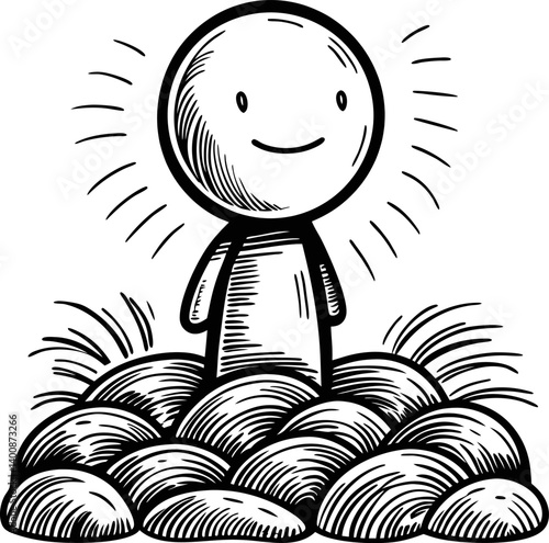 Happy stick figure on rocky ground, radiating joy and positivity, black and white illustration