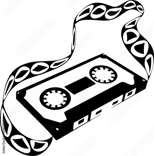 Retro cassette tape with unraveling magnetic tape in monochrome
