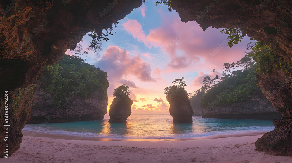 Seascape View of Tropical Beach with Rock Formations and Turquoise Water during Golden Sunset from Cave Entrance with Pink and Blue Sky