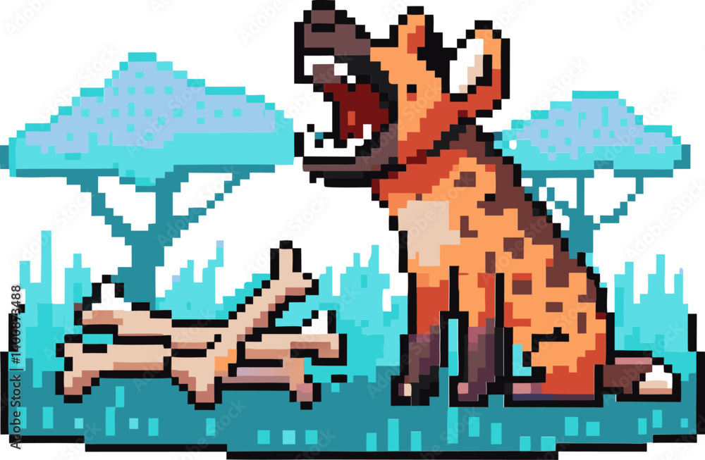 Fototapeta premium pixel art hyena roaring in savanna, vibrant digital illustration with trees and grass