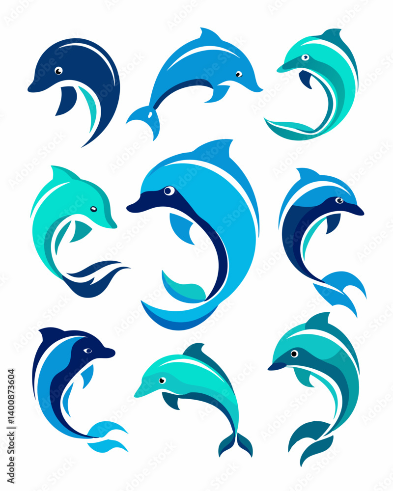 Naklejka premium Stylized Dolphin Icons with Minimalist Ocean Waves – Blue and Teal Vector Designs for Nautical Branding.