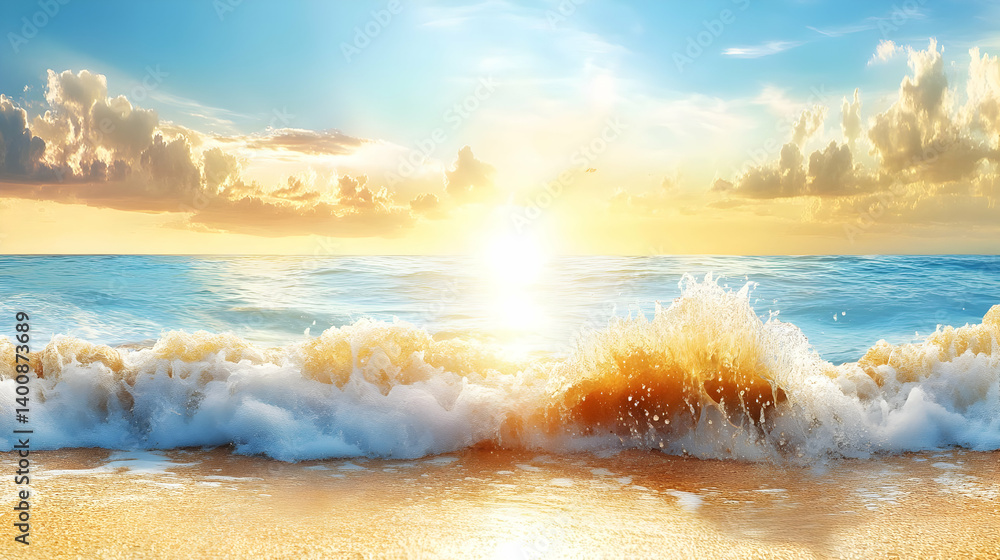 Seascape with Golden Sun Light and Breaking Waves on Sandy Beach Under Cloudy Sky in a Serene Tropical Beach