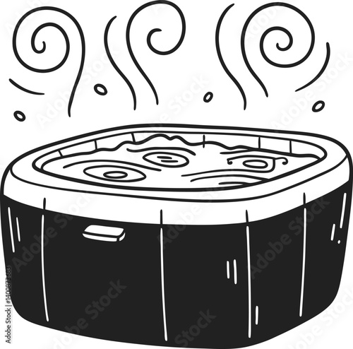 illustration of a steaming hot tub cozy relaxation concept in black and white drawing