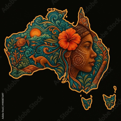 Australian aboriginal woman embracing the continent's rich biodiversity