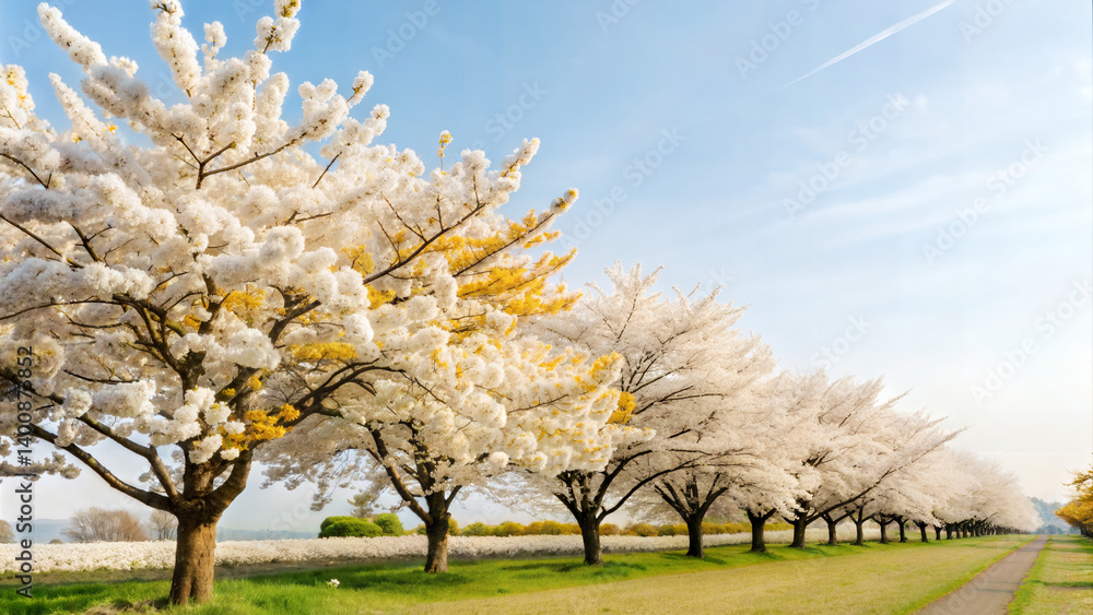Fototapeta premium Stunning Cherry Blossom Trees Line a Countryside Path