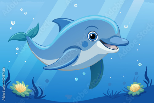 Smiling Bottlenose Dolphin Underwater – High-Definition Close-Up in Crystal Blue Ocean.