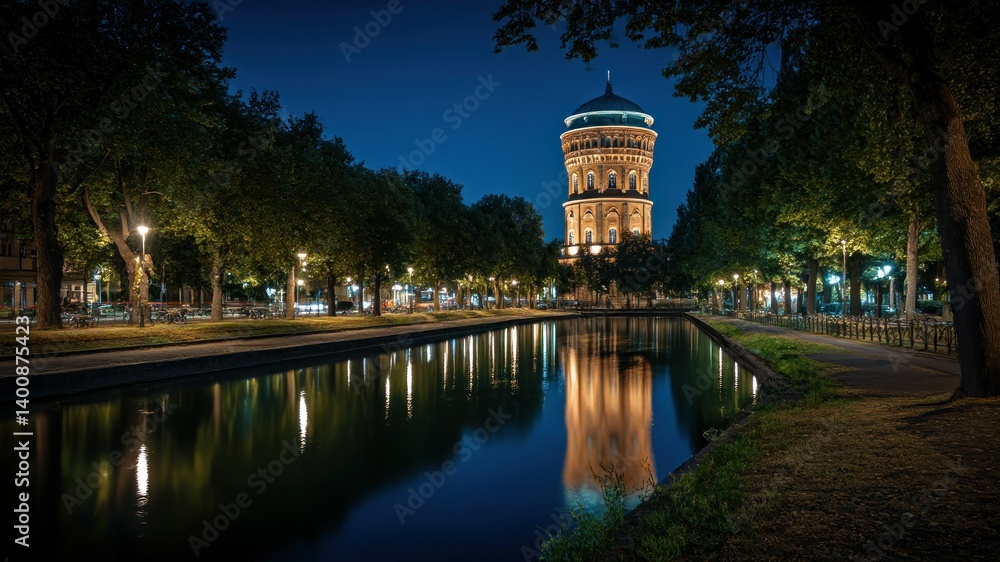 Fototapeta premium Illuminated water tower in Mannheim, Germany reflected in canal at night.
