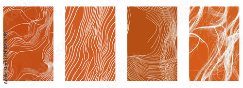 Vector pattern set of dynamic white abstract lines on a warm terracotta orange background
