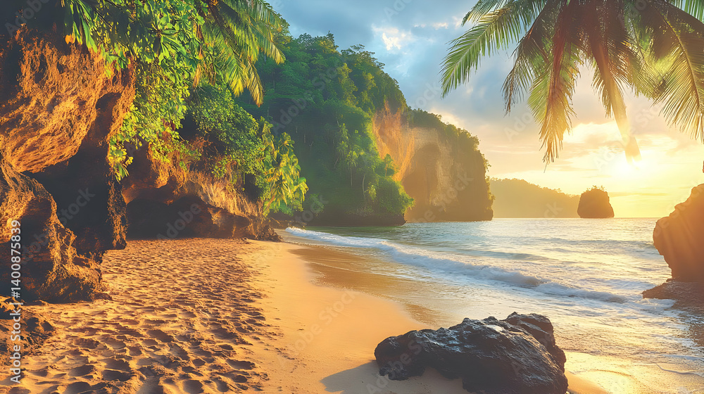 Serene Golden Beach at Sunset with Lush Green Foliage and Gentle Waves Crashing on Sandy Shoreline in Tropical Coastal Landscape