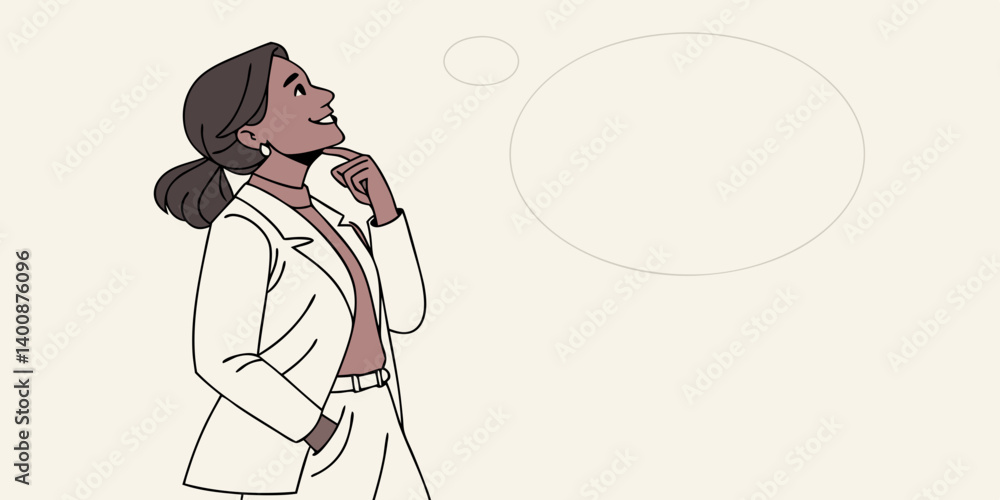 Fototapeta premium Dreamy interested young adult indian businesswoman in white formal suit wear thinking and pointing finger away at copy space. Girl smiling and standing isolated on background dreaming choosing