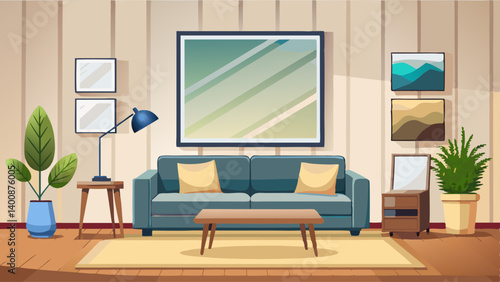 modern living room interior design with a white blank wall mockup frame on the wooden floor and a light beige sofa, black coffee table, and dining area in the background 