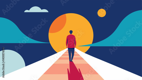 Bridge to Self An individual walking across a bridge towards a bright abstract representation of their true self illustrating the journey taken through therapy to reach