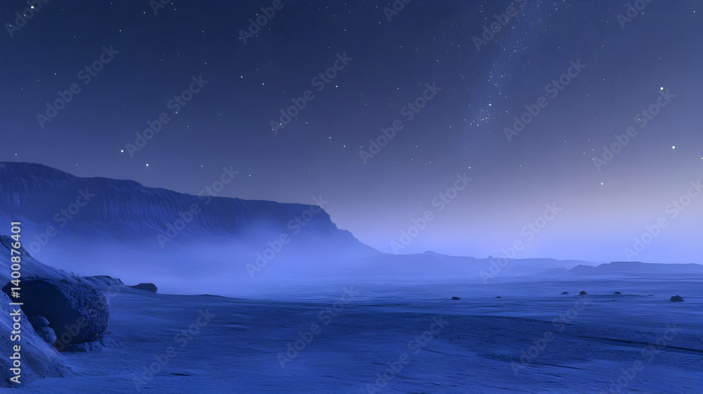 Serene Night Landscape Featuring Starry Sky Over Blue Mountains with Outer Space Elements and Dreamy Celestial View