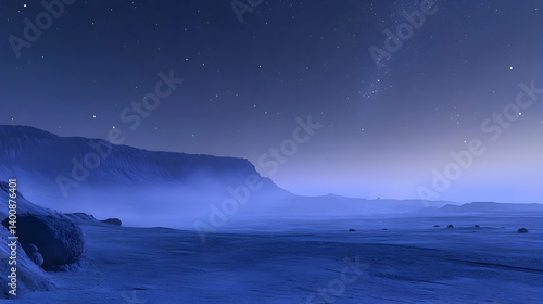 Obraz na płótnie Serene Night Landscape Featuring Starry Sky Over Blue Mountains with Outer Space Elements and Dreamy Celestial View w salonie
