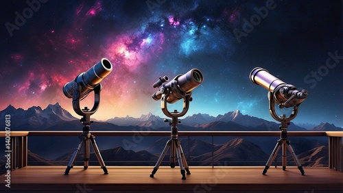 Three large telescopes on a balcony overlooking a nighttime sky dominated by a glowing spiral galaxy. photo