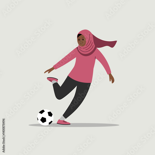 Muslim Woman Playing Football: Active, Hijab-Wearing Athlete Kicking Ball