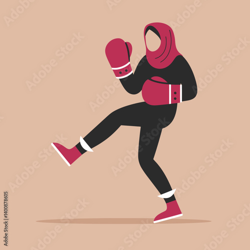 Muslim Woman in Hijab Boxing. Empowered Female Athlete Training, Exercise