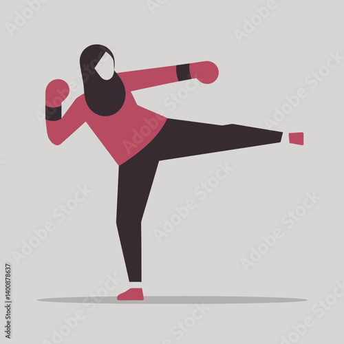 Muslim woman exercising kickboxing pose, strong athlete in hijab, healthy activity