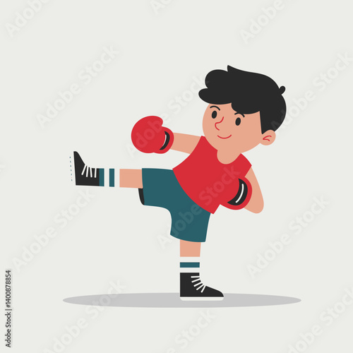Cartoon Kickboxer Boy in Action: Training, Sport, Character Design