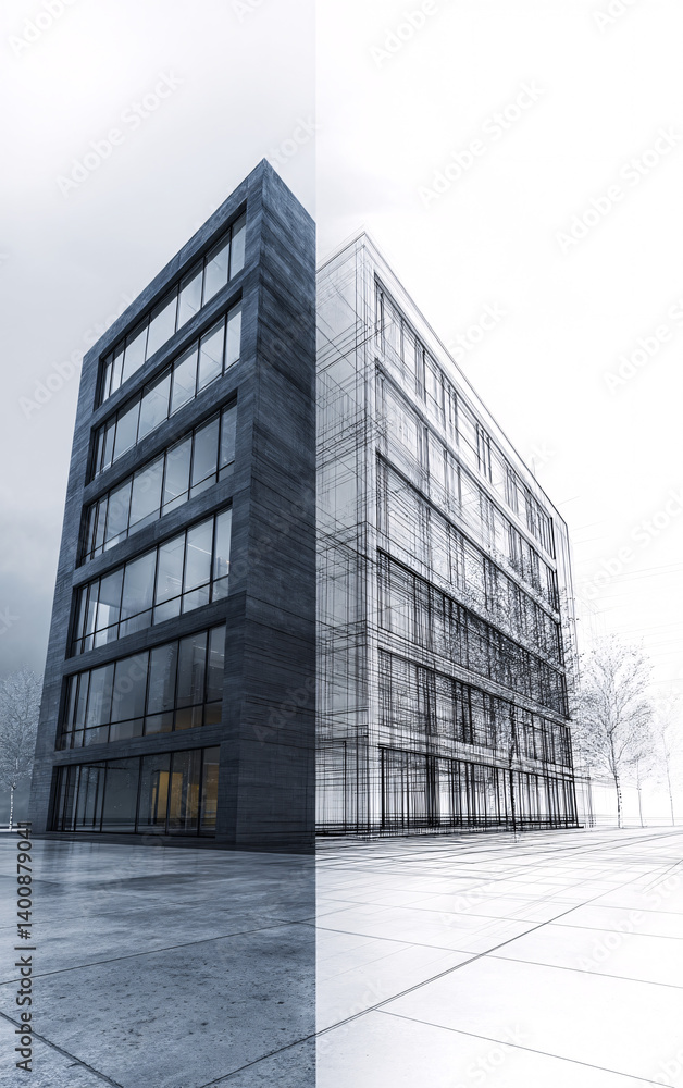 Fototapeta premium Architectural visualization showing building transformation from sketch to realistic 3D rendering