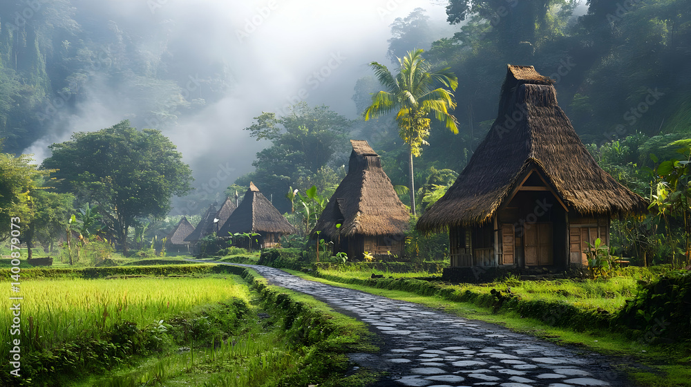 Serene Village Landscape with Traditional Thatched Roof Huts Along Stone Path Amidst Lush Green Fields and Tropical Foliage Under Soft Sunlight