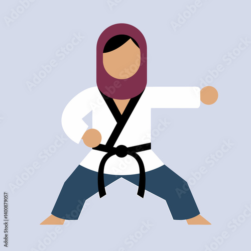 Hijabi martial artist: Confident woman practicing karate, wearing a hijab