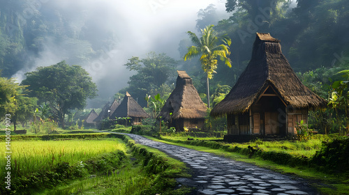 Obraz na płótnie Serene Village Landscape with Traditional Thatched Roof Huts Along Stone Path Amidst Lush Green Fields and Tropical Foliage Under Soft Sunlight w salonie