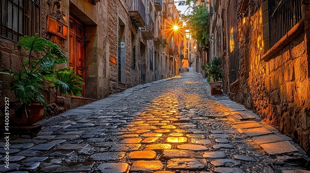 Fototapeta premium Cobblestone Street in a European Town Bathed in Golden Sunlight Hitting the Floor