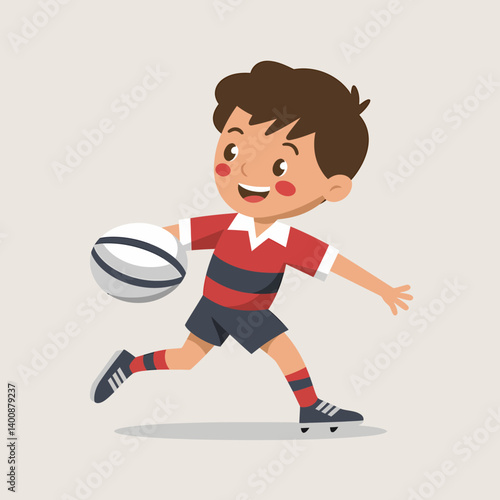 Young Rugby Player Cartoon: Boy Running with Ball in Uniform