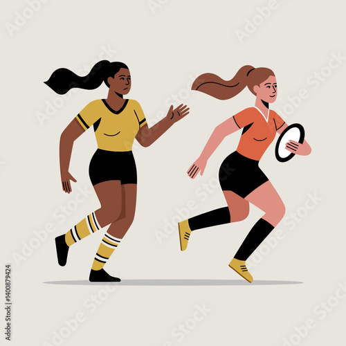 Women's Rugby Players Running, Modern Flat Vector Illustration