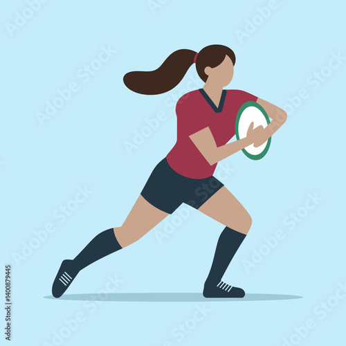 Rugby Girl Player Running with Ball, Sports Activity, Training