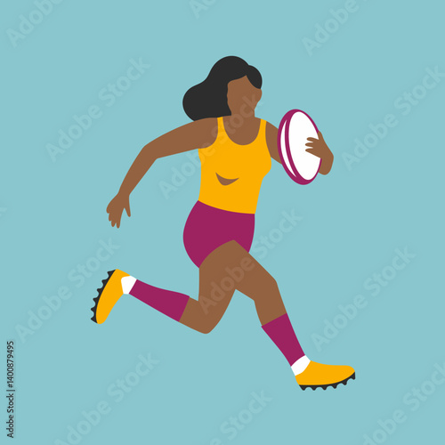 Female Rugby Player Running with Ball on Blue Background - Sport Illustration