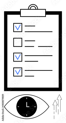 Clipboard checklist with checkmarks, clock inside an eye signifying time management, two upward arrows suggesting progress. Ideal for productivity, organization, efficiency, deadlines, focus, time