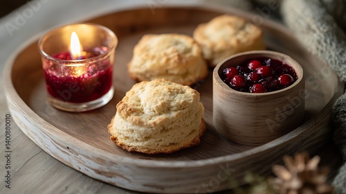 Rustic Scandinavian Christmas breakfast birchwood tray fresh scones cranberry preserves flickering candle in a wooden holder soft winter aesthetic