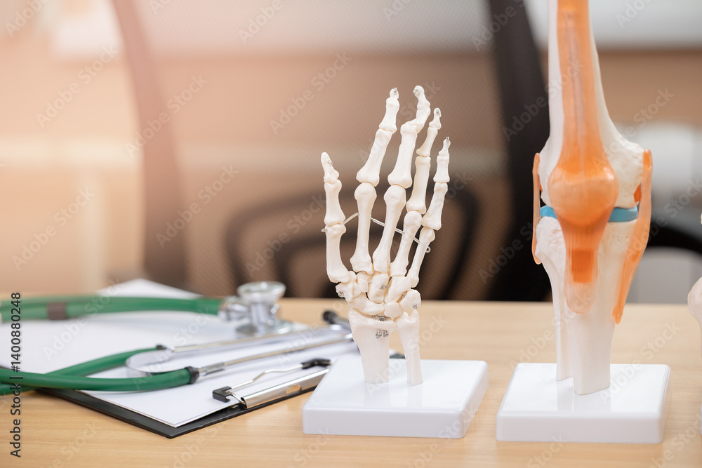 Human bone models and medical stethoscope on desk in doctor rheumatologist office