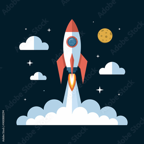 Cartoon Rocket Launching Into Space With Moon and Stars, Flat Vector