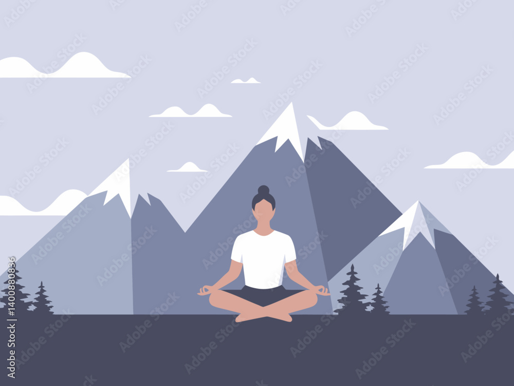 Serene Yoga Meditation: Woman in Lotus Pose against Mountain Landscape Serene Yoga Meditation: Woman in Lotus Pose against Mountain Landscape