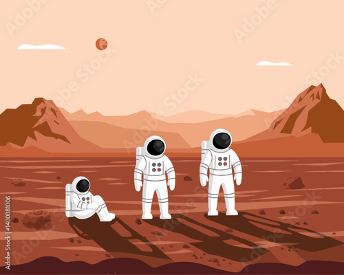 Astronauts on Mars Surface Illustration with Red Planet Landscape