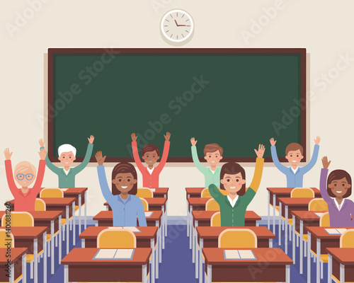 Enthusiastic students raising hands in class, flat vector illustration, diverse classroom setting.