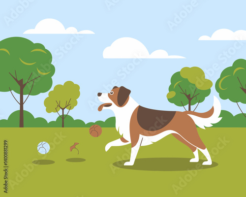Happy Dog Playing with Ball in the Park Flat Vector Illustration