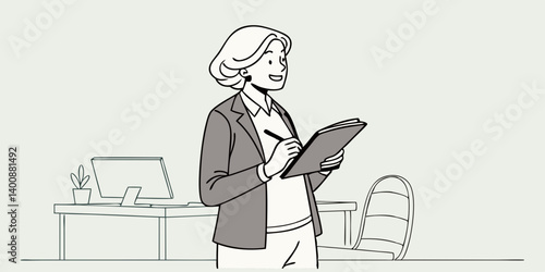 Happy elegant middle aged older professional business woman leader executive, mature senior consultant manager looking at camera holding notebook standing in office