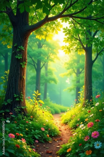 Sunlit Path Through a Verdant Forest, Flanked by Vibrant Wildflowers and Lush Greenery, Beckoning the Adventurous Spirit on a Serene Journey