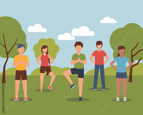Group Fitness: Outdoor Class in Park, Stretching and Balancing Routine