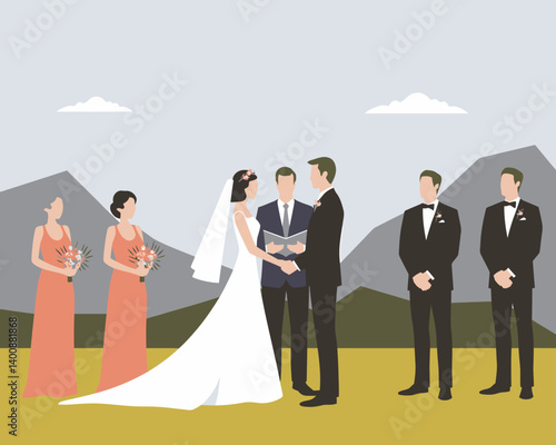 Mountain Wedding Ceremony Illustration with Bride, Groom, and Attendants