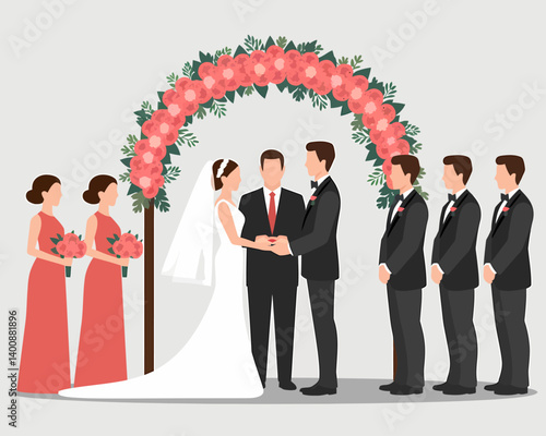Elegant wedding ceremony under floral arch with bridal party illustration