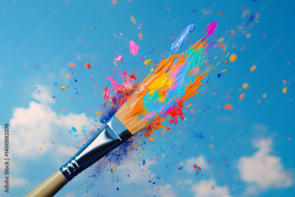 Obraz premium Artistic paintbrush with vibrant colors against a bright blue sky canvas