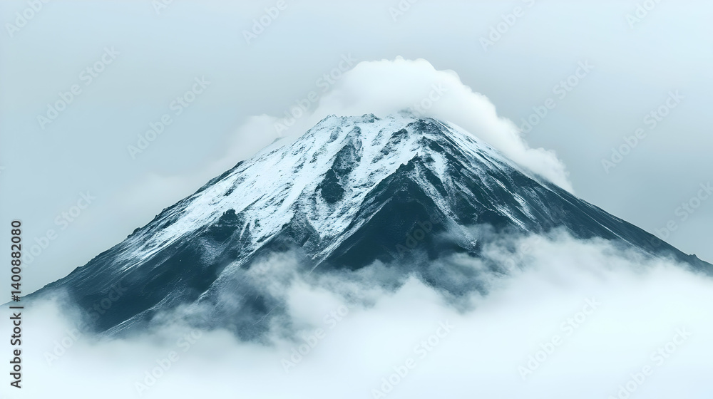 Snowy Mountain Peak Surrounded by Clouds in a Peaceful Outdoor Landscape with a Serene and Majestic Winter Scenery